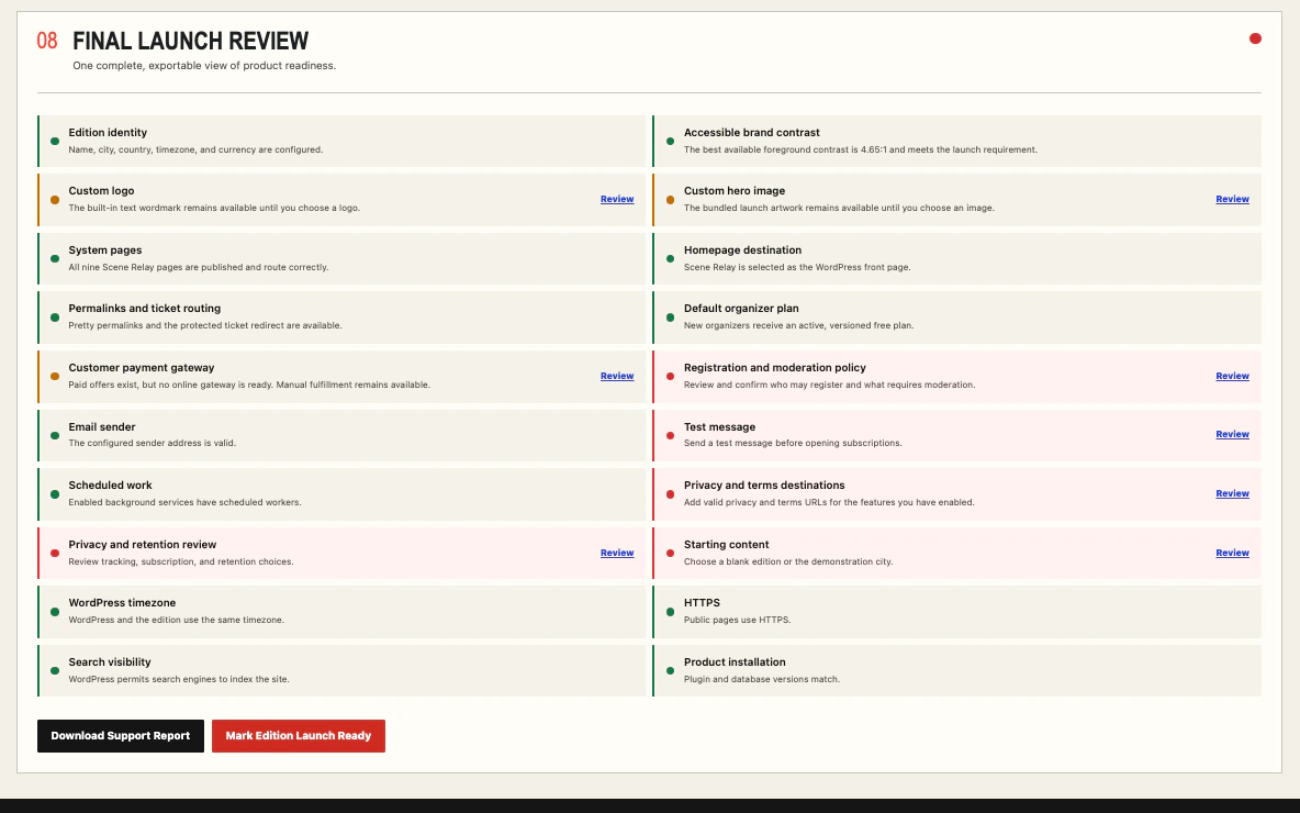 Scene Relay final launch review with checks for branding, payments, privacy, email, HTTPS, and installation.